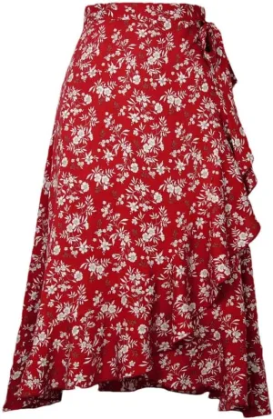 Women Lace-Up High Waist Print Irregular A Line Casual Midi Skirts