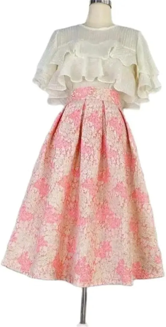Women Long Pleated Midi Skirt High Waisted Printed Skirt Embroidered Slim Midi Skater Skirt
