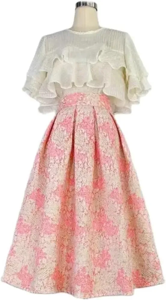 Women Long Pleated Midi Skirt High Waisted Printed Skirt Embroidered Slim Midi Skater Skirt