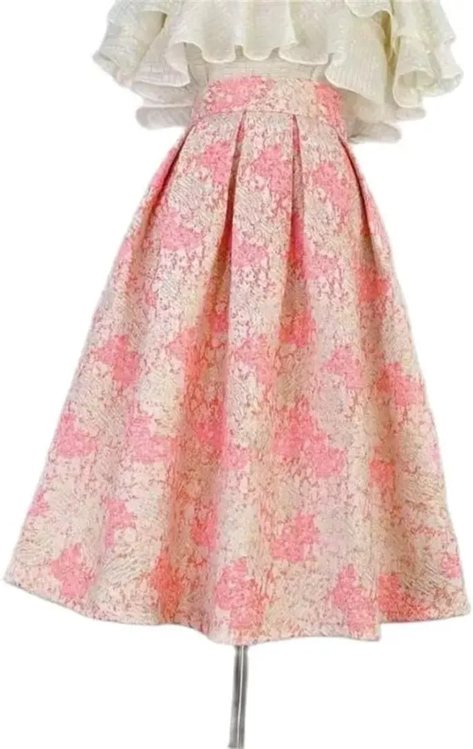 Women Long Pleated Midi Skirt High Waisted Printed Skirt Embroidered Slim Midi Skater Skirt