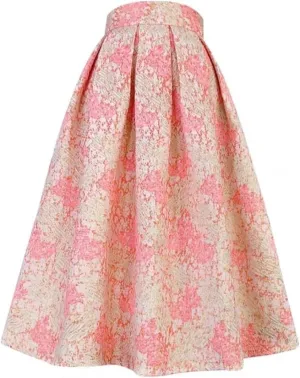 Women Long Pleated Midi Skirt High Waisted Printed Skirt Embroidered Slim Midi Skater Skirt
