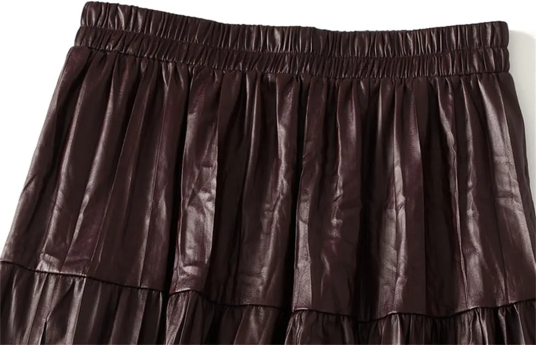 Women Long Pu Pleated Skirt Elegant High Waist Skirts Solid Vintage A-Line Pleated Skirt
