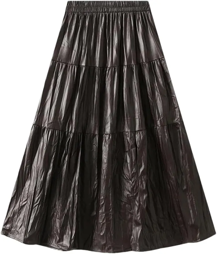 Women Long Pu Pleated Skirt Elegant High Waist Skirts Solid Vintage A-Line Pleated Skirt