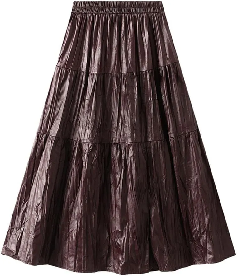 Women Long Pu Pleated Skirt Elegant High Waist Skirts Solid Vintage A-Line Pleated Skirt