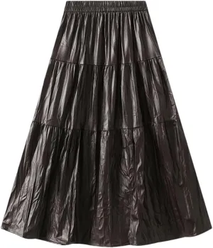 Women Long Pu Pleated Skirt Elegant High Waist Skirts Solid Vintage A-Line Pleated Skirt