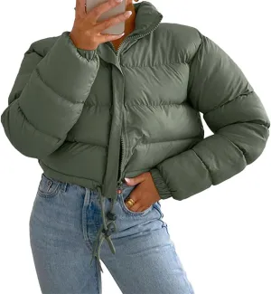 Women Long Sleeved Cropped Parkas Slim Fit Zipper Puffer Outwears Cotton Padded Snow Coat