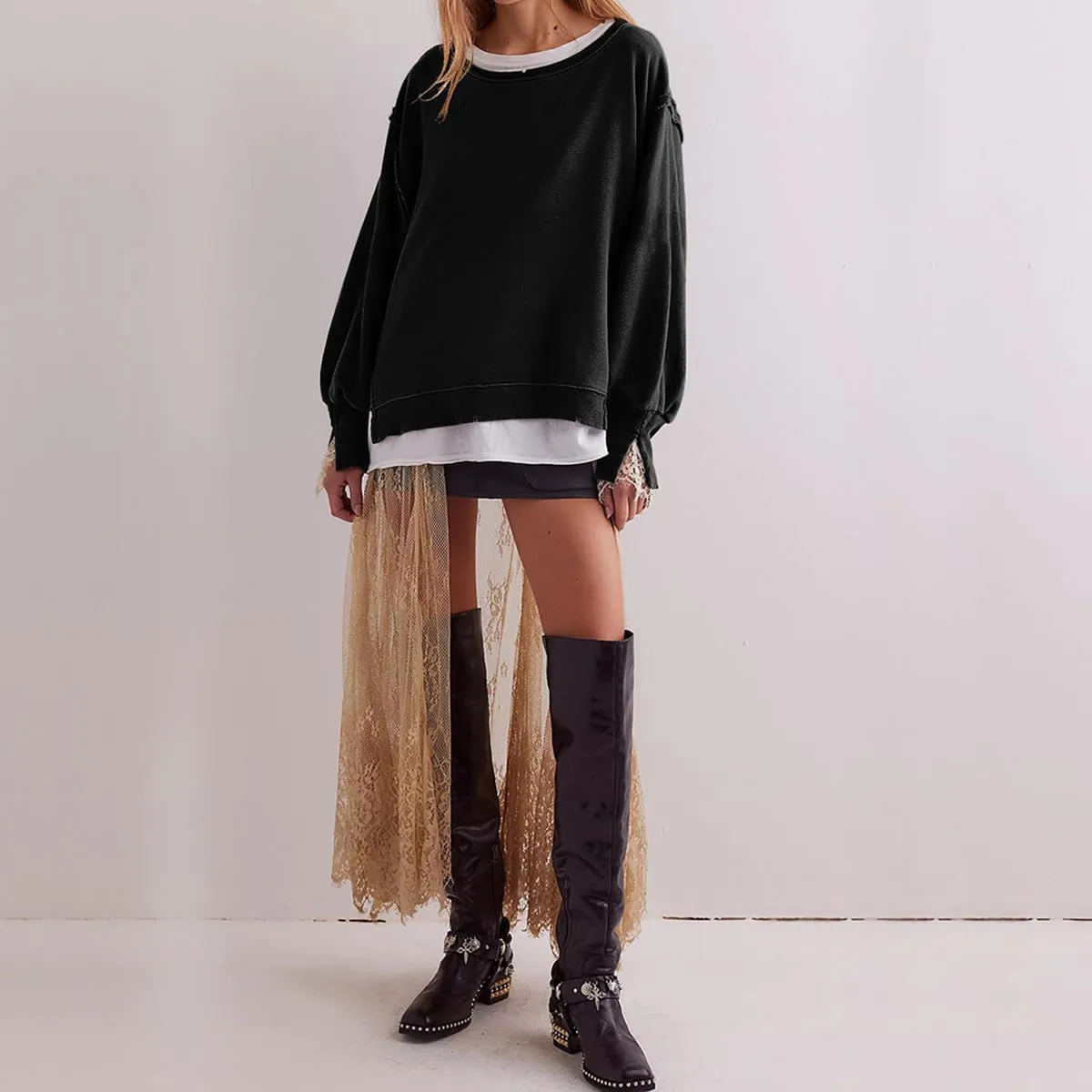 Women Loose Crewneck Cotton Sweatshirt Side Slit Long Sleeve Casual Pullover Sweatshirts for Women