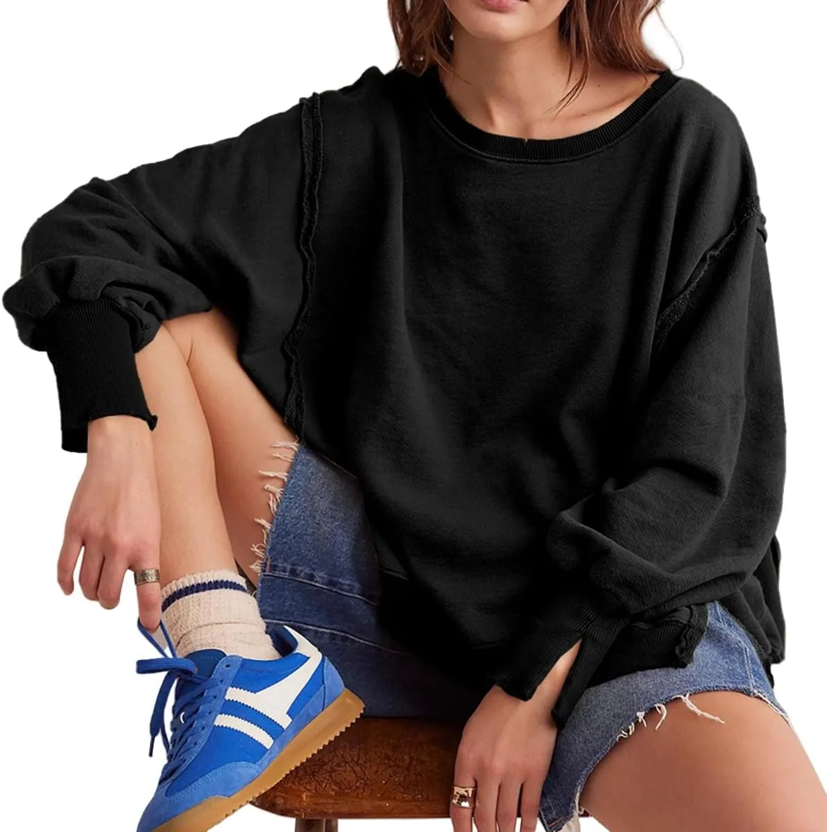 Women Loose Crewneck Cotton Sweatshirt Side Slit Long Sleeve Casual Pullover Sweatshirts for Women