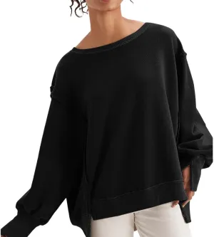 Women Loose Crewneck Cotton Sweatshirt Side Slit Long Sleeve Casual Pullover Sweatshirts for Women