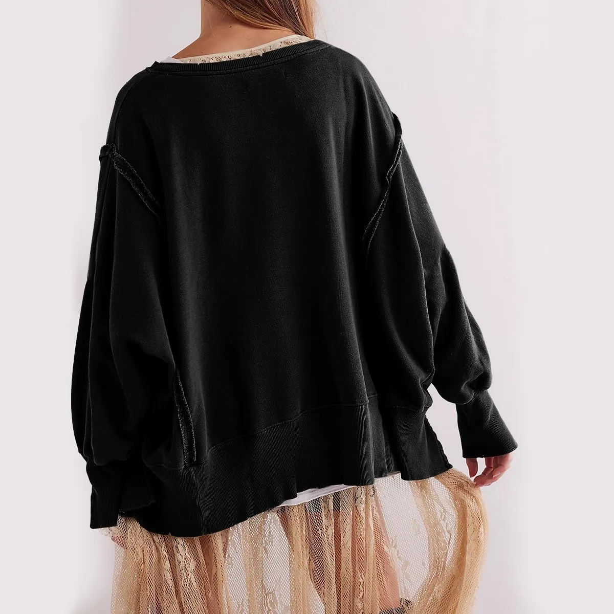 Women Loose Crewneck Cotton Sweatshirt Side Slit Long Sleeve Casual Pullover Sweatshirts for Women