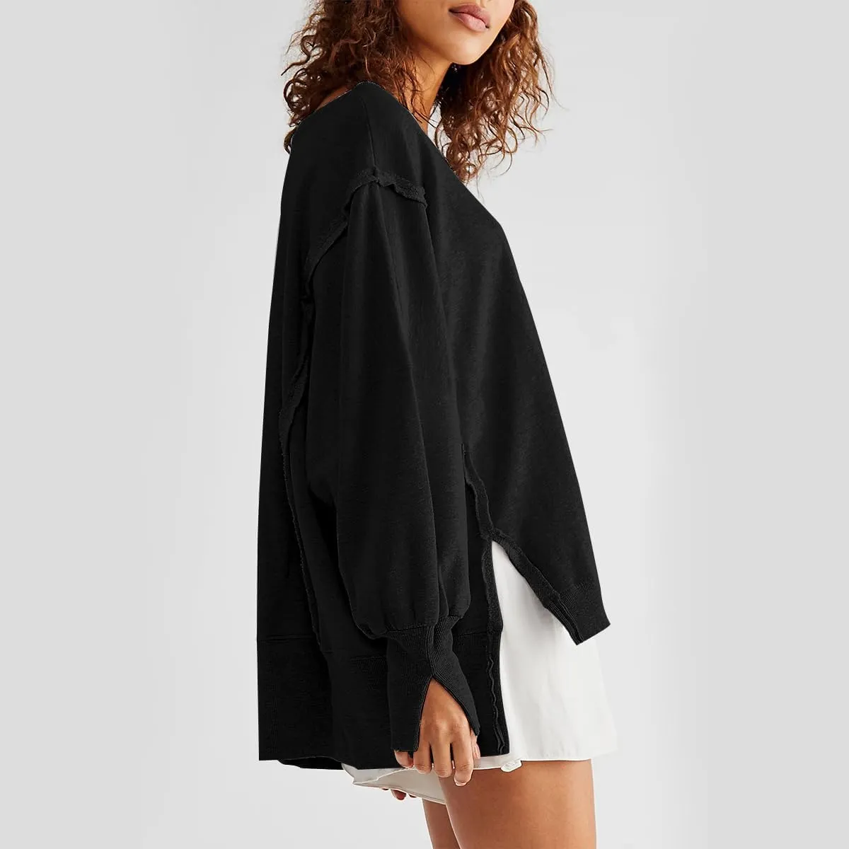 Women Loose Crewneck Cotton Sweatshirt Side Slit Long Sleeve Casual Pullover Sweatshirts for Women