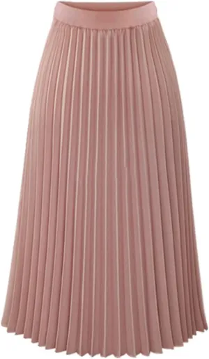 Women Pleated Chiffon Flare Skirt Trendy Midi Swing A-line Skirt Dressy Plain High Elastic Waist Elegant Long Skirts