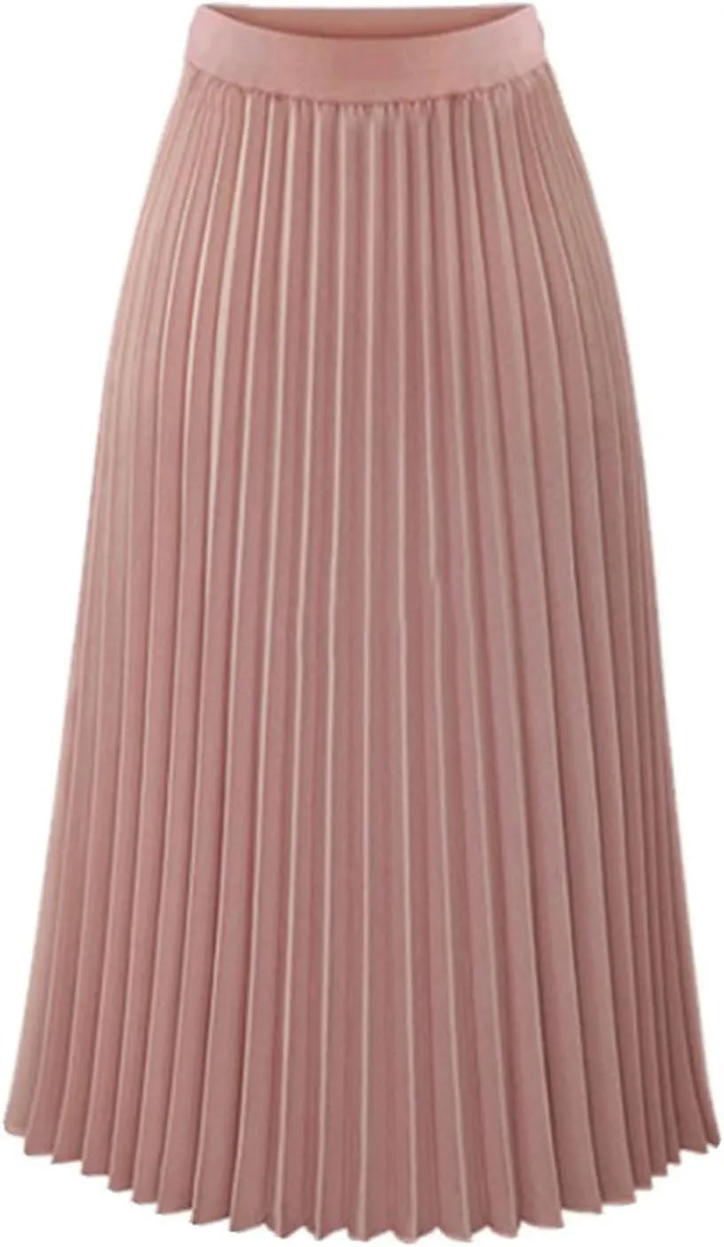 Women Pleated Chiffon Flare Skirt Trendy Midi Swing A-line Skirt Dressy Plain High Elastic Waist Elegant Long Skirts