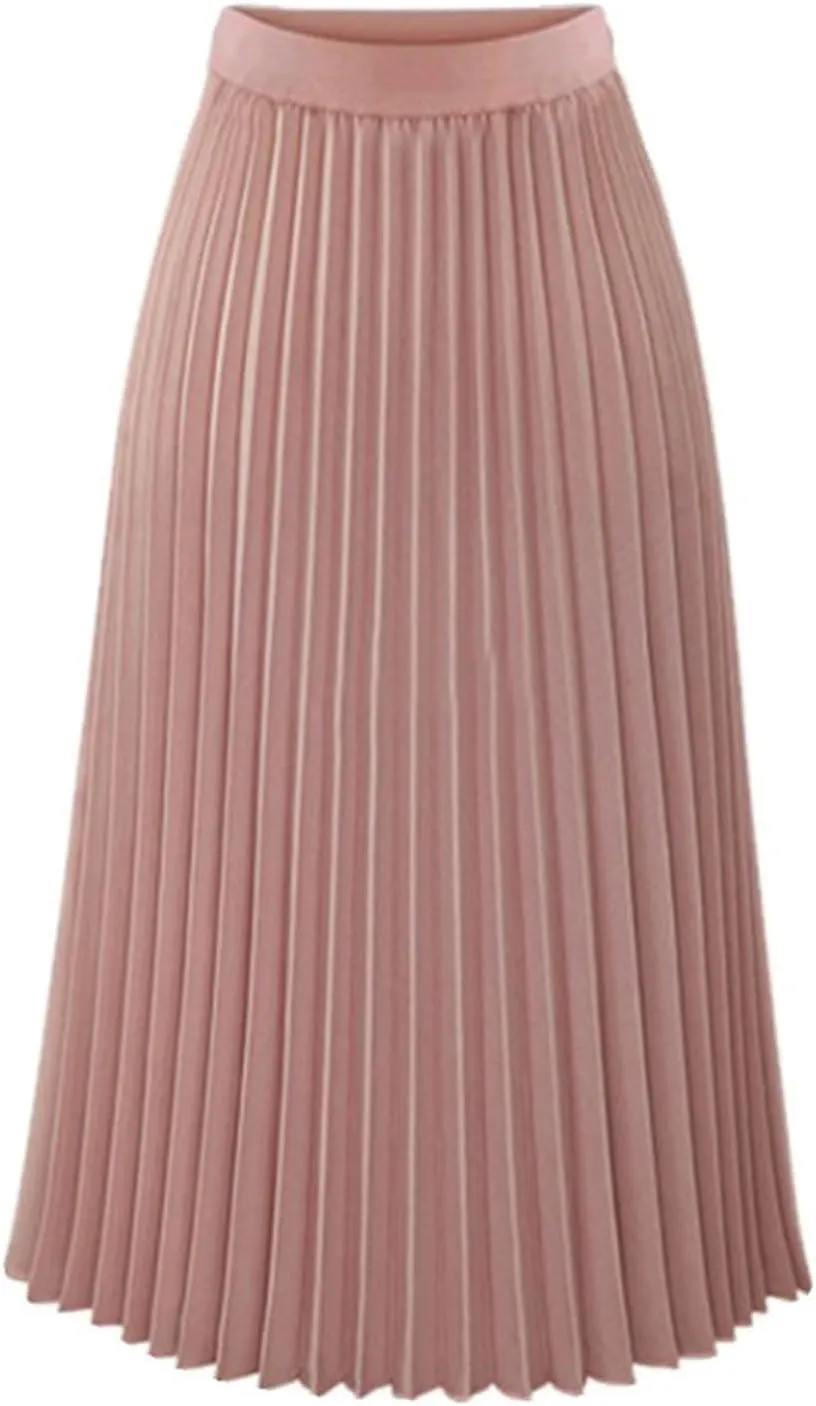 Women Pleated Chiffon Flare Skirt Trendy Midi Swing A-line Skirt Dressy Plain High Elastic Waist Elegant Long Skirts