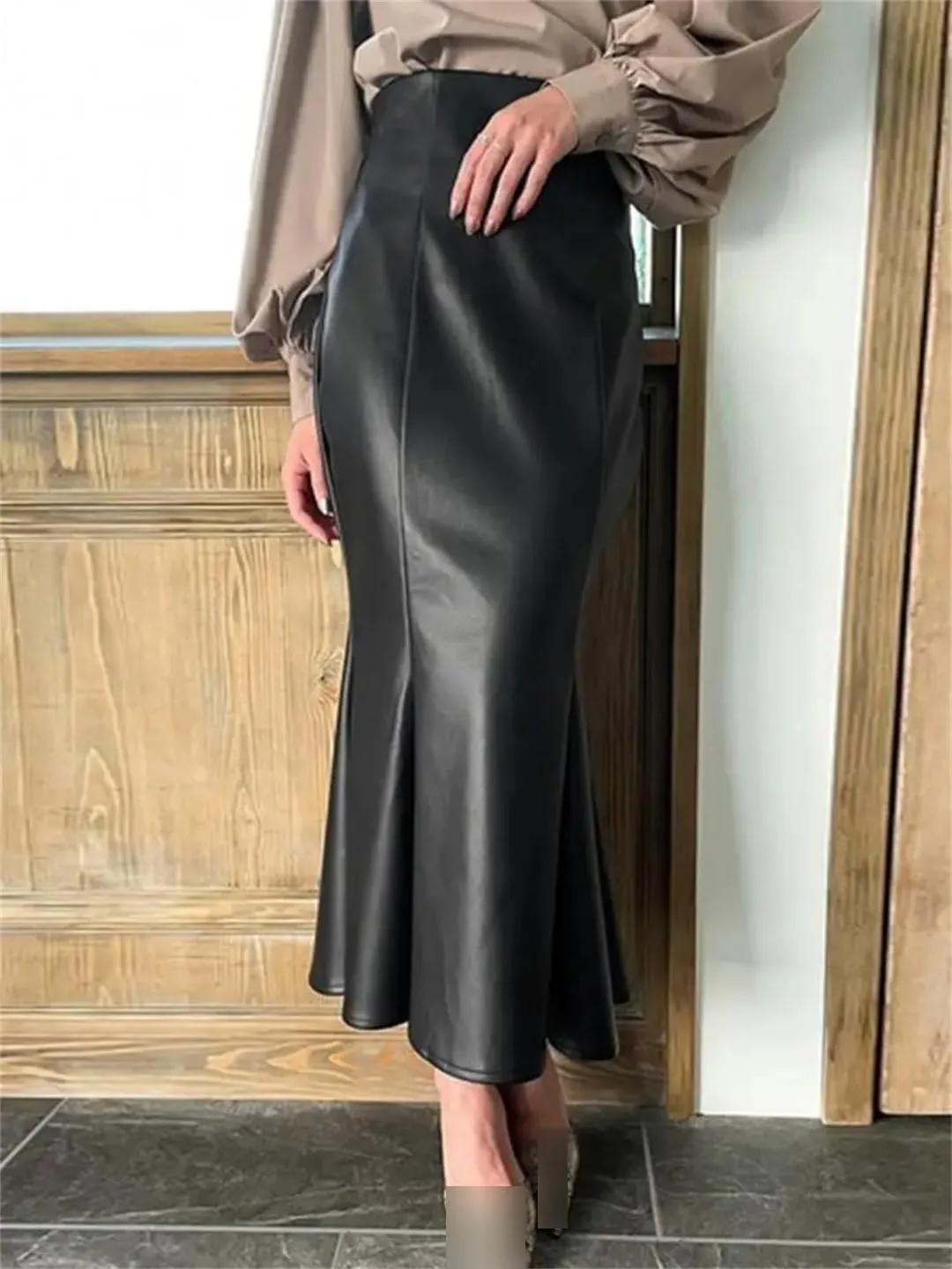 Women PU Leather Maxi Skirt Autumn High Waist Vintage Package Hip Fishtail Skirt Casual Party Skirt