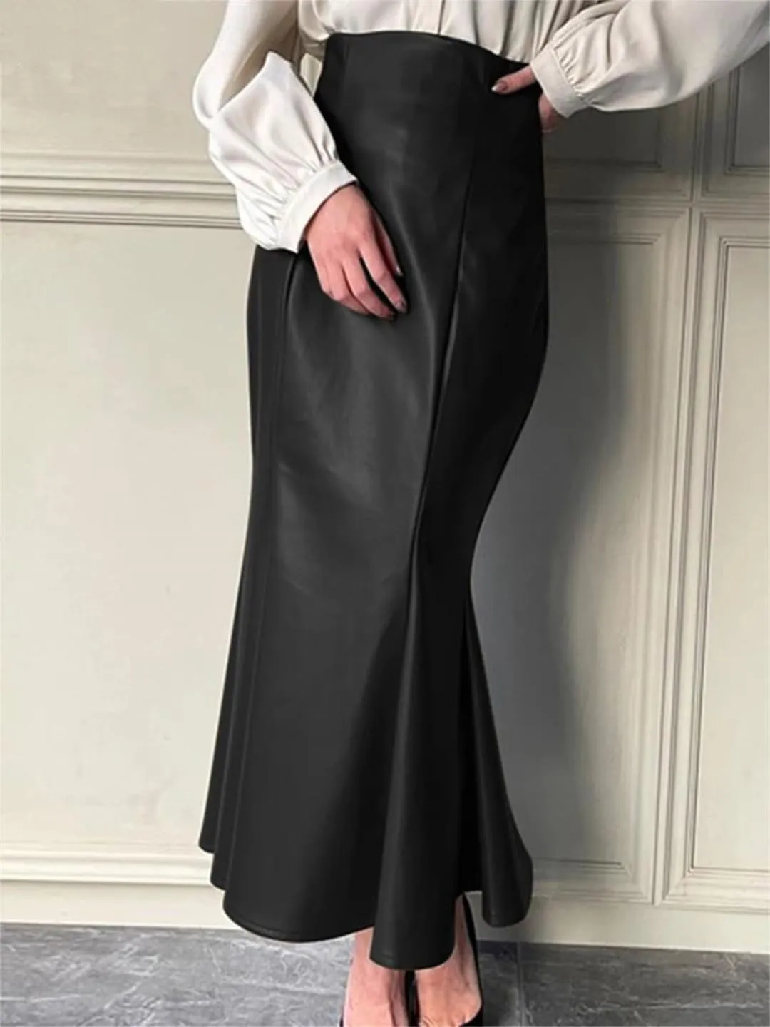Women PU Leather Maxi Skirt Autumn High Waist Vintage Package Hip Fishtail Skirt Casual Party Skirt