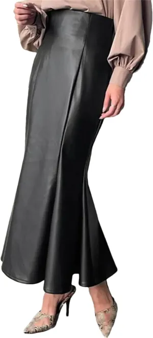 Women PU Leather Maxi Skirt Autumn High Waist Vintage Package Hip Fishtail Skirt Casual Party Skirt