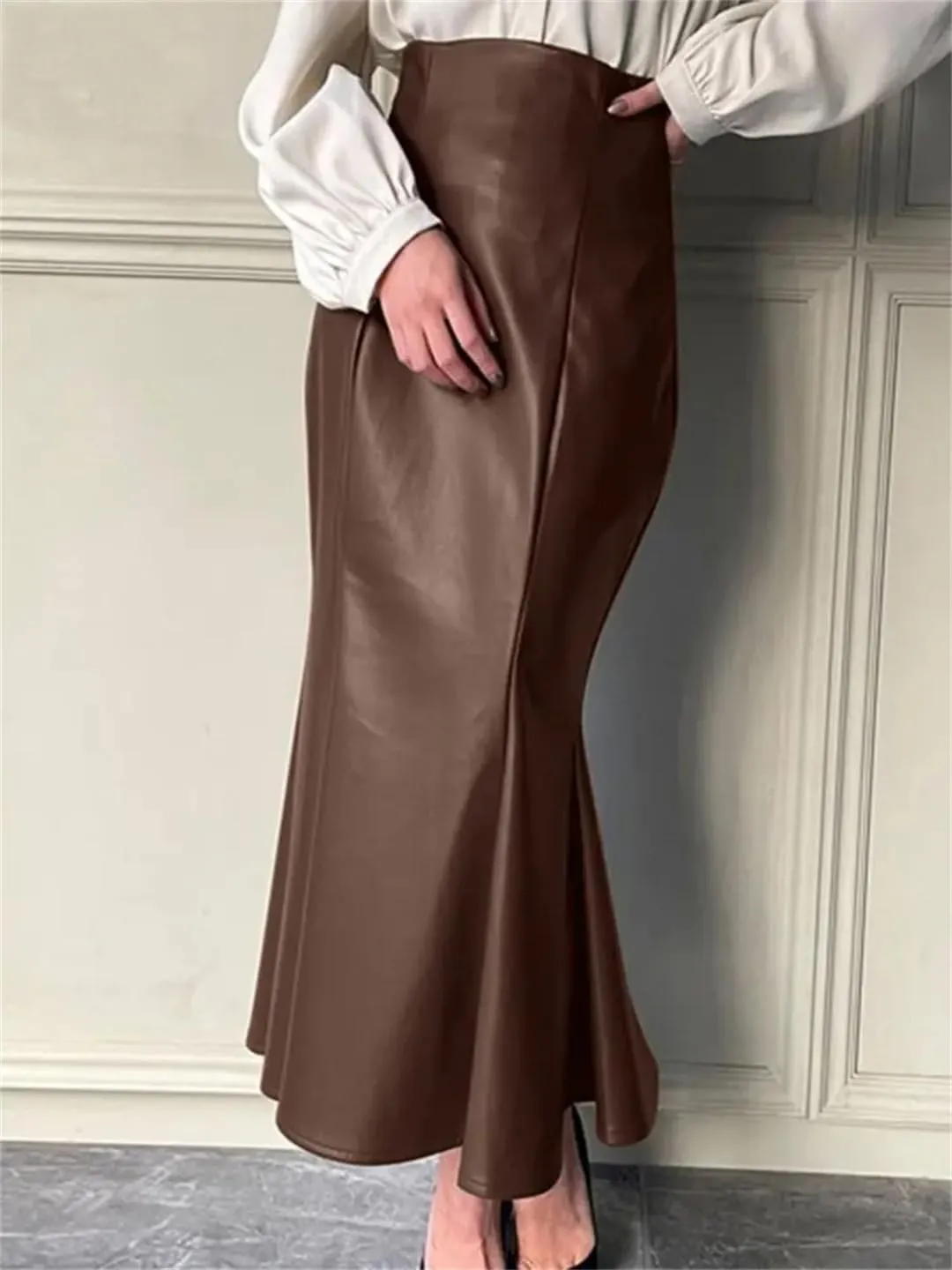 Women PU Leather Maxi Skirt Autumn High Waist Vintage Package Hip Fishtail Skirt Casual Party Skirt