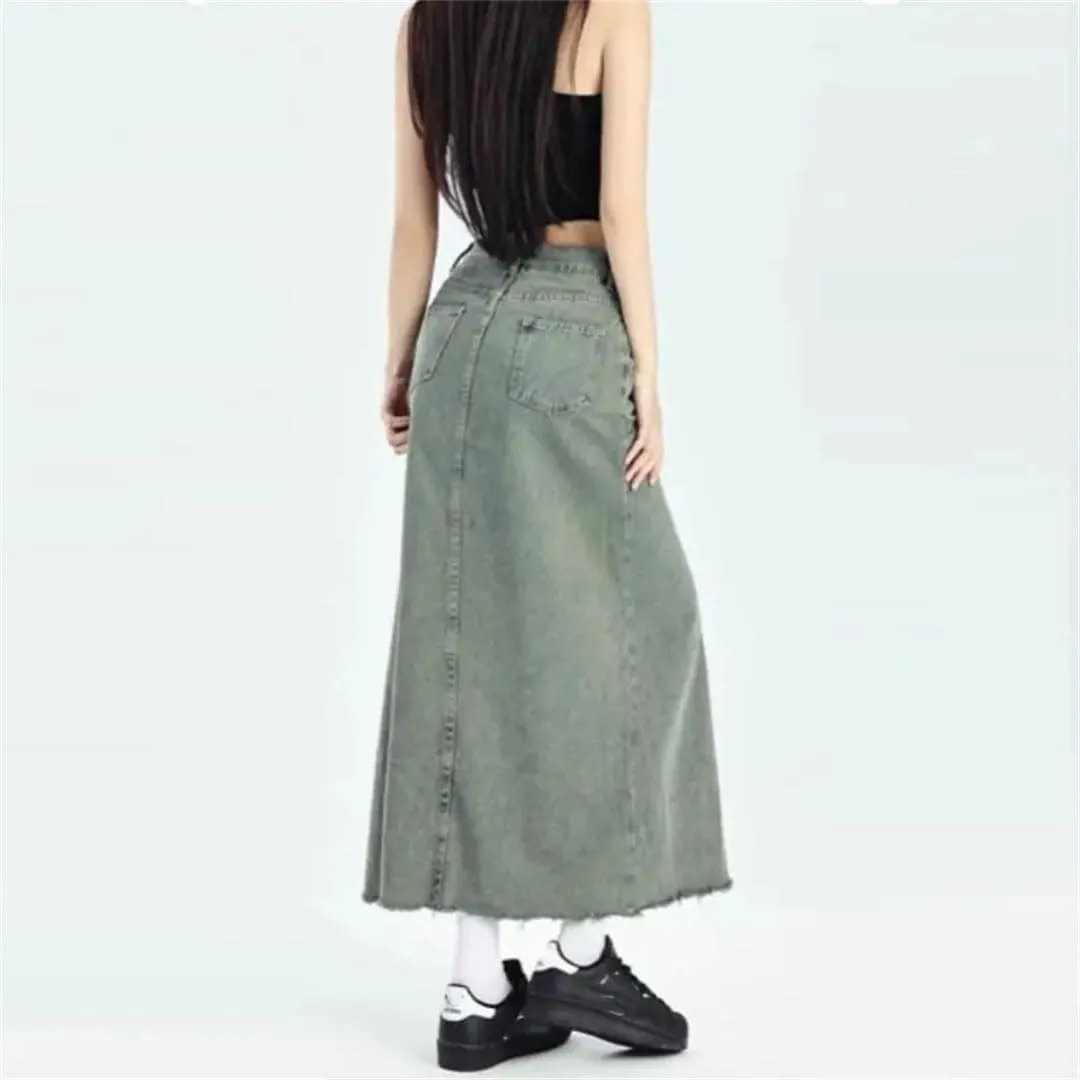 Women Retro A-Line Denim Skirt High-Waisted Slit Mid Length Skirt Sexy Street Style Clothing