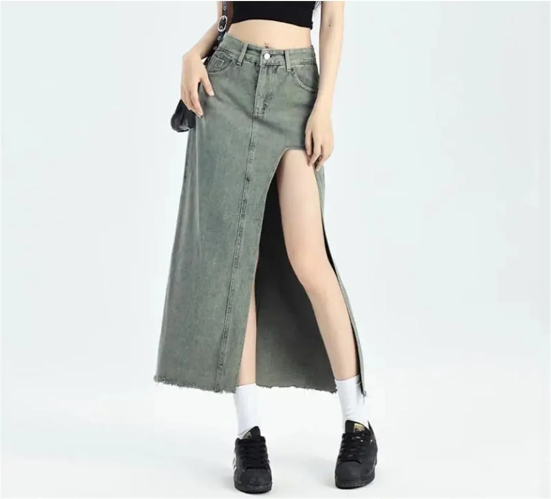 Women Retro A-Line Denim Skirt High-Waisted Slit Mid Length Skirt Sexy Street Style Clothing
