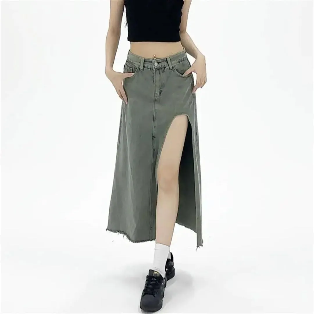 Women Retro A-Line Denim Skirt High-Waisted Slit Mid Length Skirt Sexy Street Style Clothing