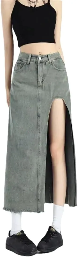 Women Retro A-Line Denim Skirt High-Waisted Slit Mid Length Skirt Sexy Street Style Clothing