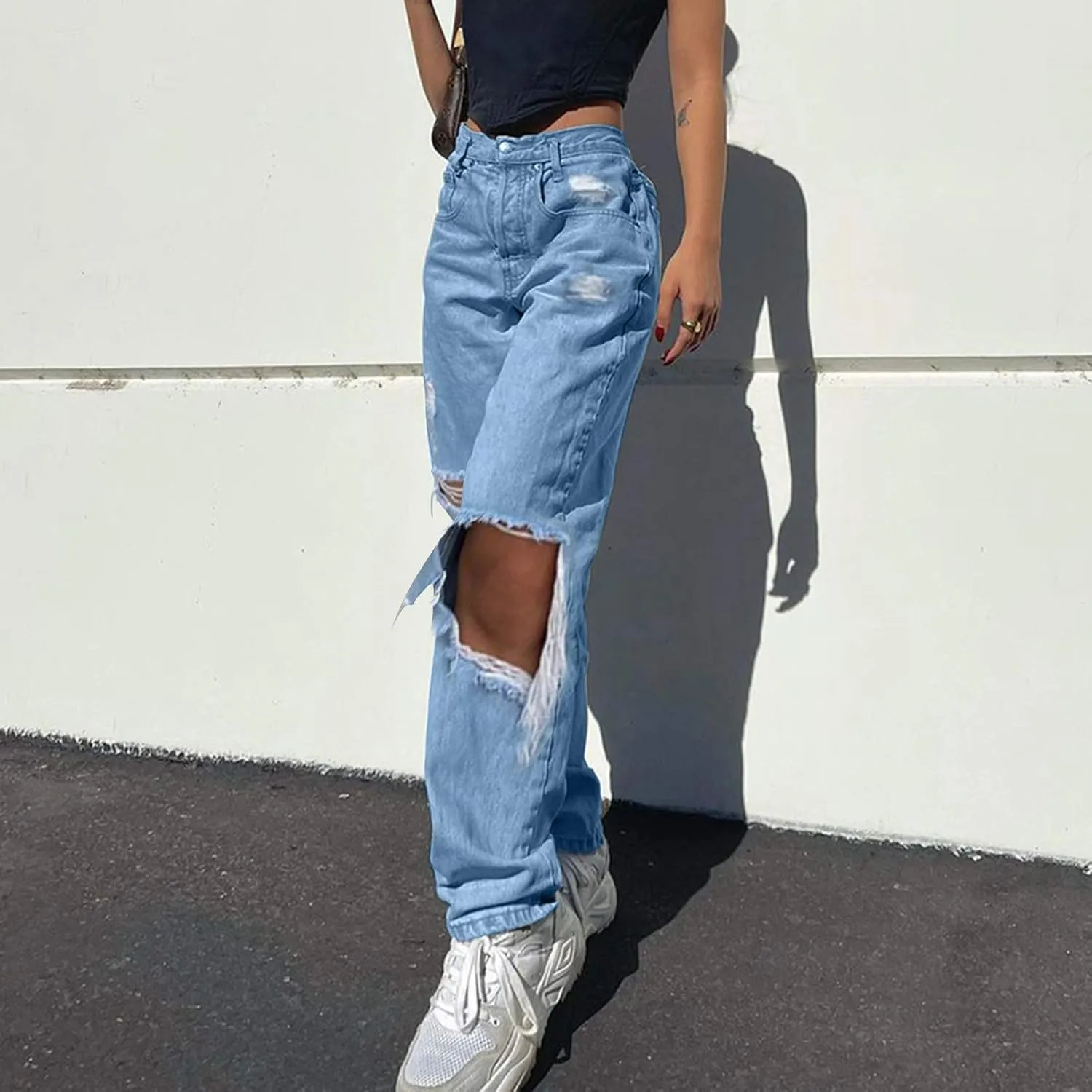 Women Ripped Boyfriend Jeans High Waist Baggy Denim Pants Y2K Distressed Streetwear Vintage Hiphop Dance Trousers