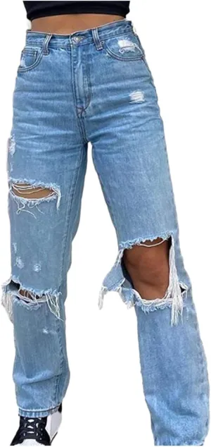 Women Ripped Boyfriend Jeans High Waist Baggy Denim Pants Y2K Distressed Streetwear Vintage Hiphop Dance Trousers