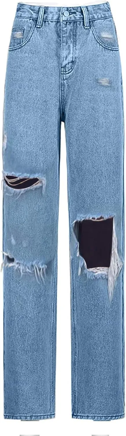 Women Ripped Boyfriend Jeans High Waist Baggy Denim Pants Y2K Distressed Streetwear Vintage Hiphop Dance Trousers