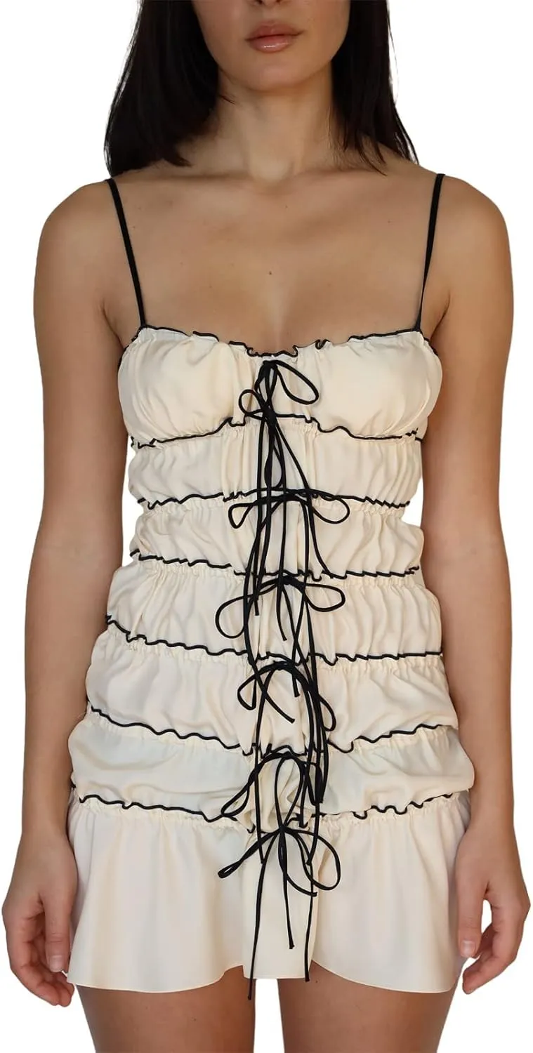 Women Ruffle Strapless Tube Mini Dress Y2k Fairy Off Shoulder Bandeau Dress Frill Trim Bodycon Aline Streetwear