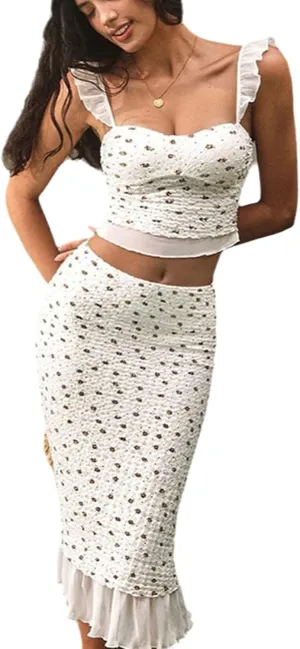 Women Sexy 2 Piece Outfit Ruffled Sleeveless Crop Tops High Waisted Midi Bodycon Pleated Skirts Summer Floral Sets
