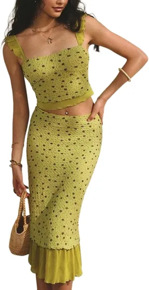 Women Sexy 2 Piece Outfit Ruffled Sleeveless Crop Tops High Waisted Midi Bodycon Pleated Skirts Summer Floral Sets
