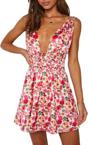 Women Sexy Floral Cami Mini Dress Y2k Low Cut Bodycon Short Tube Dress Sleeveless Backless Spaghetti Strap Sundress