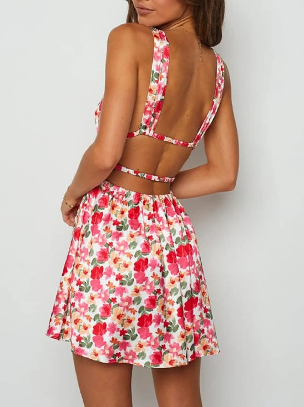 Women Sexy Floral Cami Mini Dress Y2k Low Cut Bodycon Short Tube Dress Sleeveless Backless Spaghetti Strap Sundress