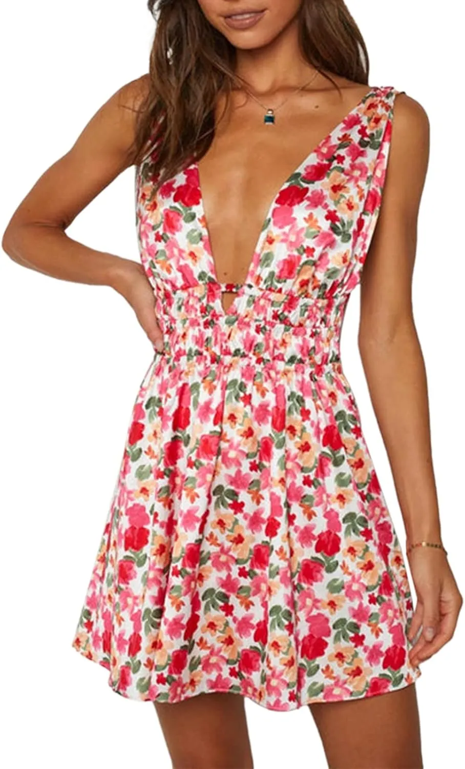 Women Sexy Floral Cami Mini Dress Y2k Low Cut Bodycon Short Tube Dress Sleeveless Backless Spaghetti Strap Sundress