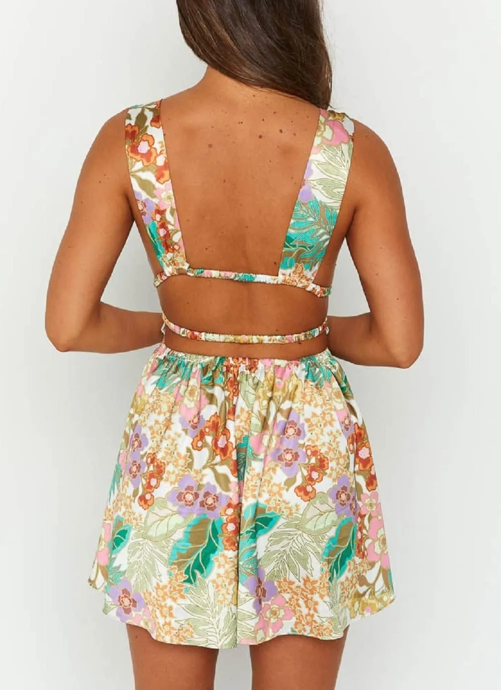 Women Sexy Floral Cami Mini Dress Y2k Low Cut Bodycon Short Tube Dress Sleeveless Backless Spaghetti Strap Sundress