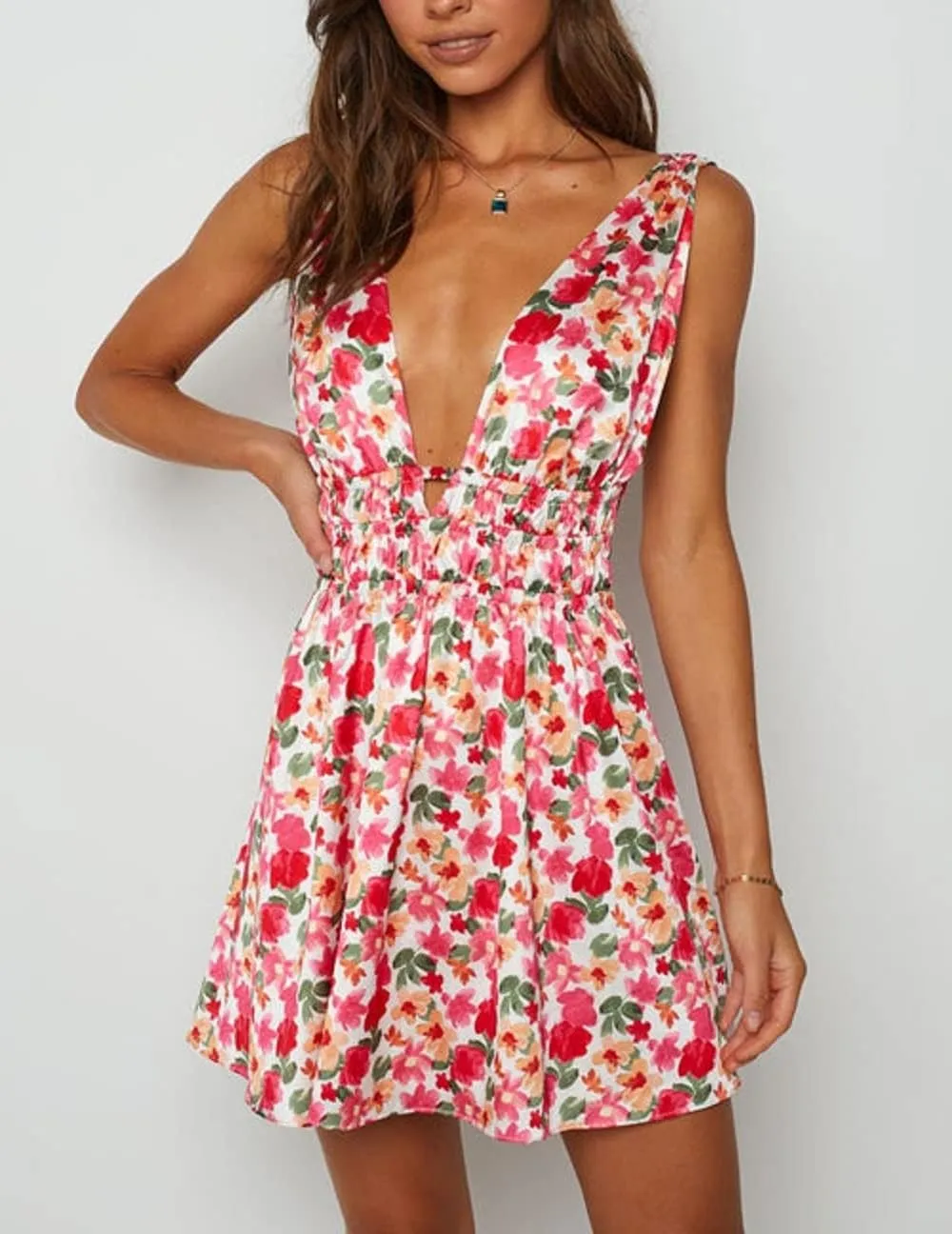Women Sexy Floral Cami Mini Dress Y2k Low Cut Bodycon Short Tube Dress Sleeveless Backless Spaghetti Strap Sundress