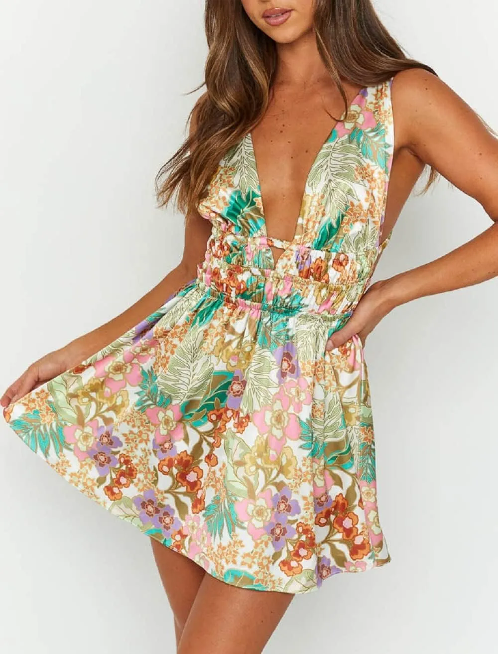 Women Sexy Floral Cami Mini Dress Y2k Low Cut Bodycon Short Tube Dress Sleeveless Backless Spaghetti Strap Sundress