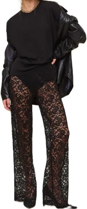 Women Sexy Lace See Through Pants Sheer Mesh Low Waist Stretchy Slim Trouser Hollow Out Skinny Leggings