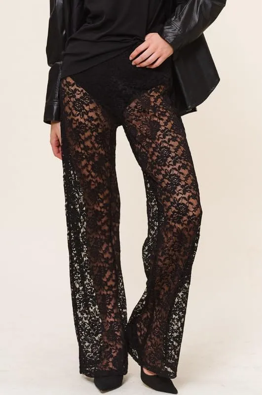 Women Sexy Lace See Through Pants Sheer Mesh Low Waist Stretchy Slim Trouser Hollow Out Skinny Leggings