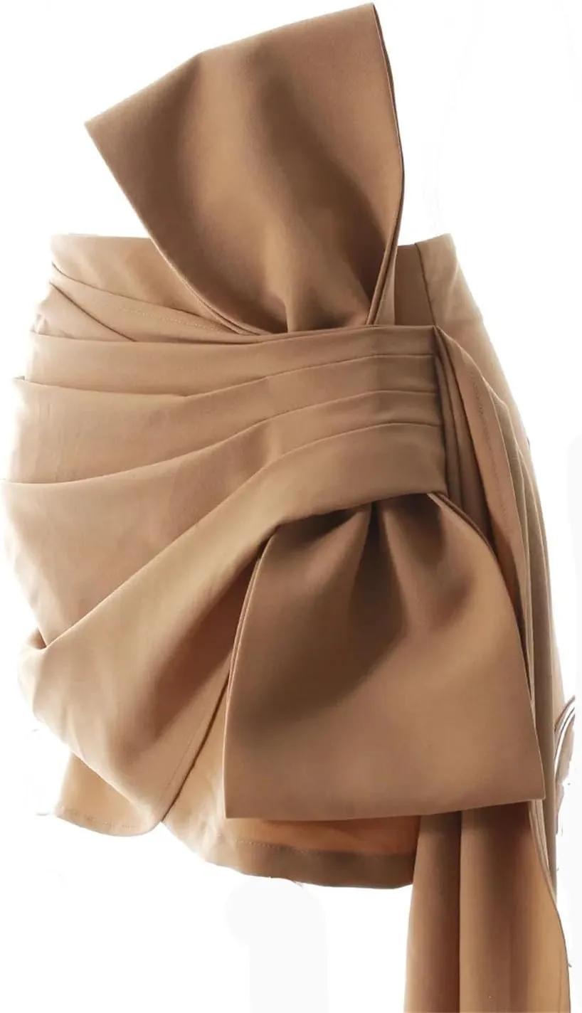 Women Solid Bow Ribbon Skirt High Waist Wrap Hip Pleated Slim Fit Asymmetric Mini Skirts