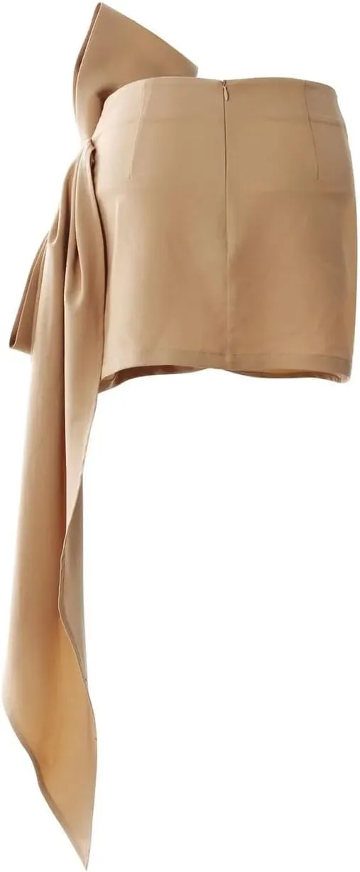 Women Solid Bow Ribbon Skirt High Waist Wrap Hip Pleated Slim Fit Asymmetric Mini Skirts