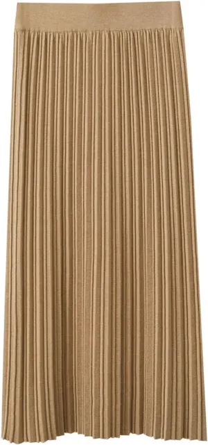 Women Solid Elastic High Waist Pleated Knitted Skirt Midi A-Line Skirt Business Casual Office Lady Work Skirts
