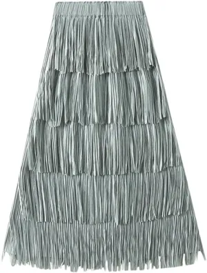 Women Solid Pleated Skirts Midi Long Tassel Skirt Elegant High Waist Layered Straight Skirt