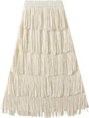 Women Solid Pleated Skirts Midi Long Tassel Skirt Elegant High Waist Layered Straight Skirt