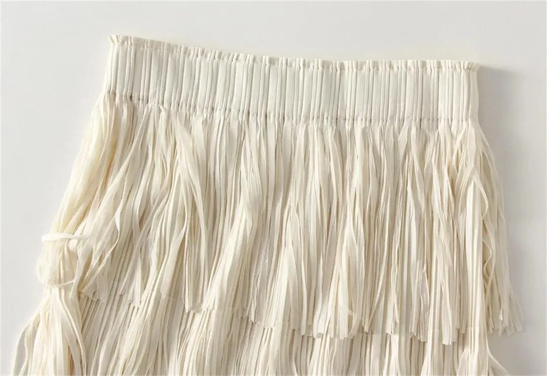 Women Solid Pleated Skirts Midi Long Tassel Skirt Elegant High Waist Layered Straight Skirt