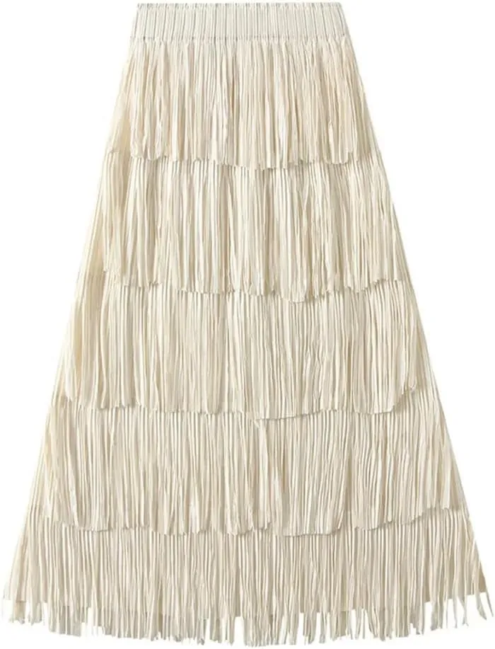 Women Solid Pleated Skirts Midi Long Tassel Skirt Elegant High Waist Layered Straight Skirt