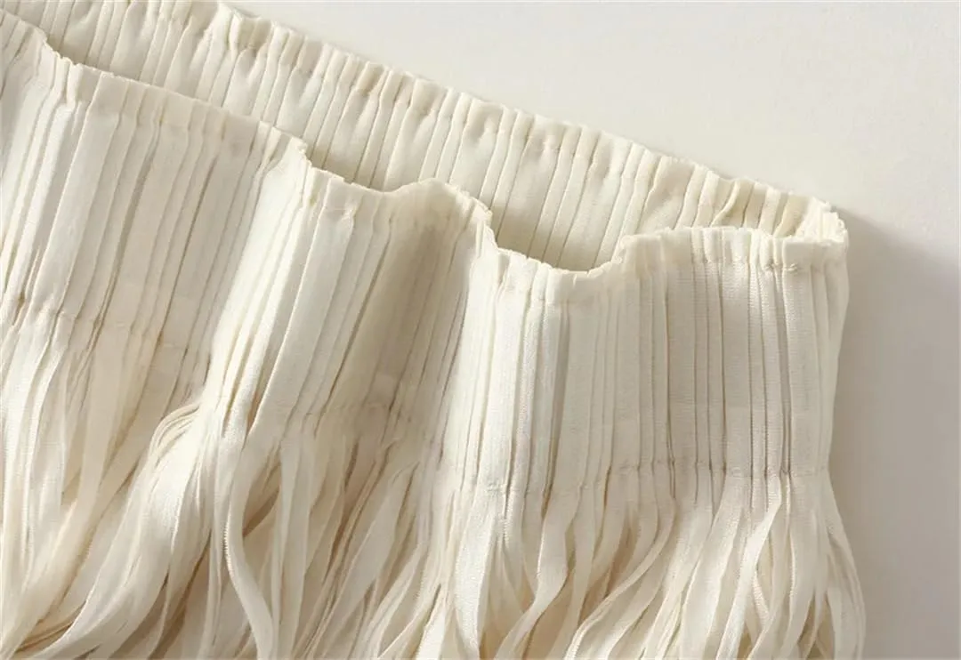 Women Solid Pleated Skirts Midi Long Tassel Skirt Elegant High Waist Layered Straight Skirt
