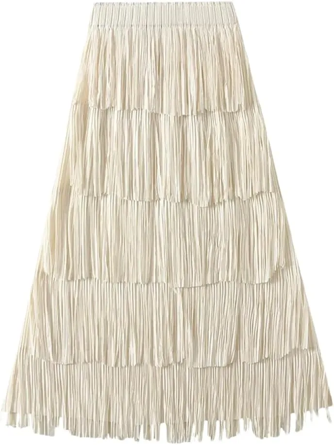 Women Solid Pleated Skirts Midi Long Tassel Skirt Elegant High Waist Layered Straight Skirt