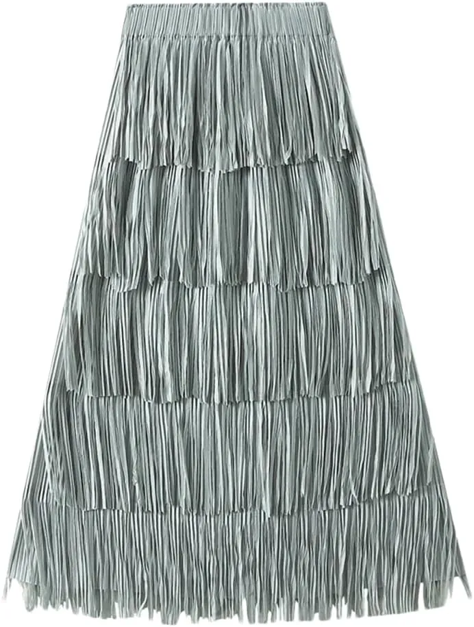 Women Solid Pleated Skirts Midi Long Tassel Skirt Elegant High Waist Layered Straight Skirt